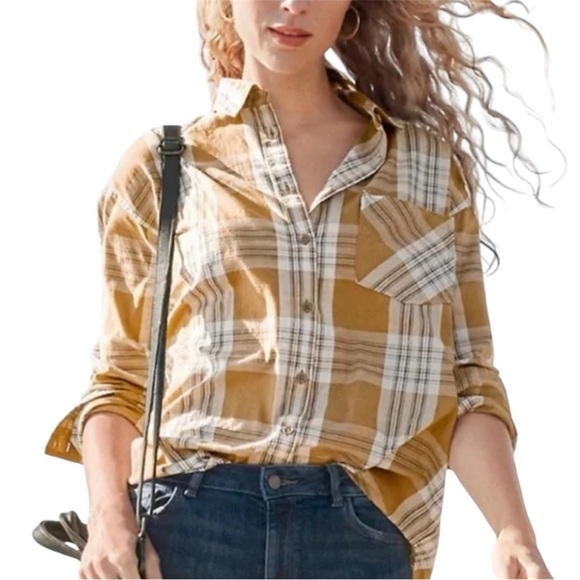 NWOT Garnet Hill Essential Boyfriend Brown Plaid Button Front Shirt - Size 12 - Picture 1 of 12